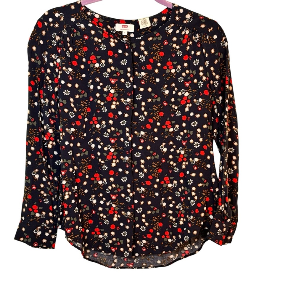 Levis Womens Navy‎ Blue Floral Hidden Button Long Sleeve Blouse Top Small